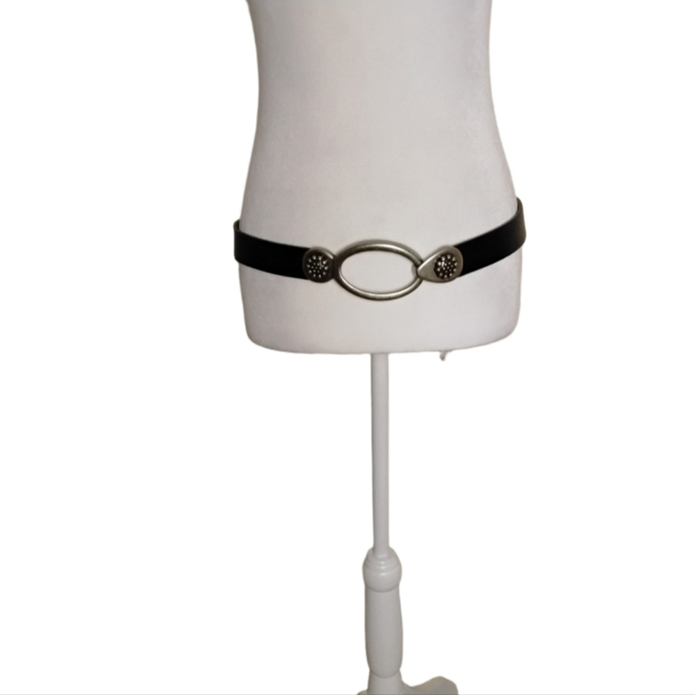 Belt Women's S Genuine Leather Black Silver Tone Oval Chunky Adjustable